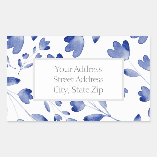 Indigo Blue Watercolor Flower Stems Pattern Labels (Front)