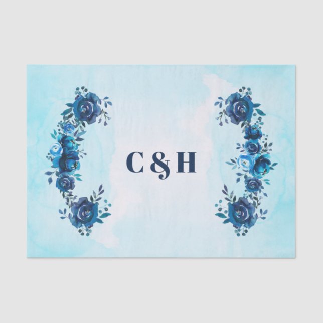 Indigo Blue Watercolor Flowers Floral Wedding Tissue Paper (Front)