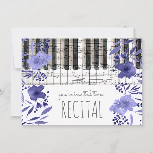 indigo blue watercolor flowers music recital invitation (Front)