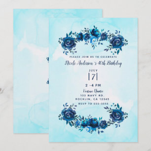 Indigo Blue Watercolor Rustic Floral Birthday Invitation