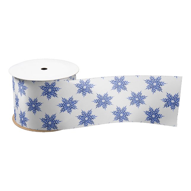 Indigo Blue Watercolor Snowflake Pattern   Satin Ribbon (Spool)