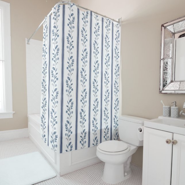 Indigo Blue Watercolor Stripes Shower Curtain (In Situ)