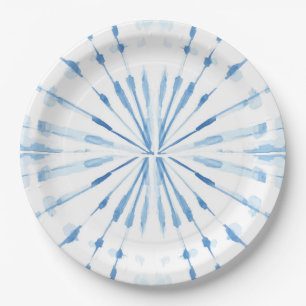 Indigo blue watercolor sunburst shibori pattern  paper plate