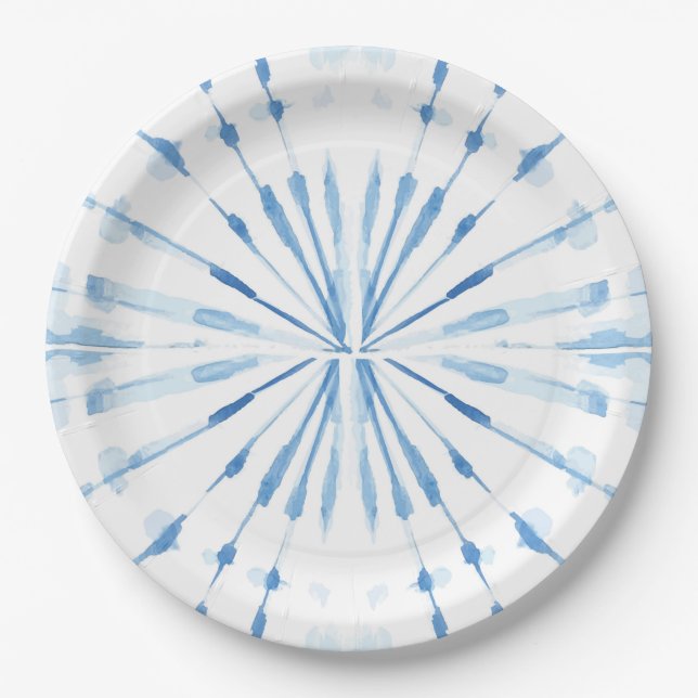 Indigo blue watercolor sunburst shibori pattern  paper plate (Front)