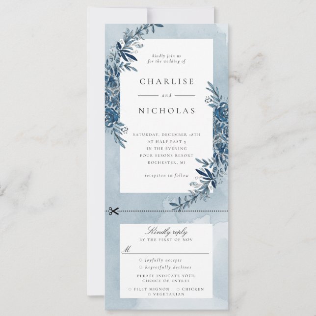 Indigo blue watercolor wedding invitation w rsvp (Front)