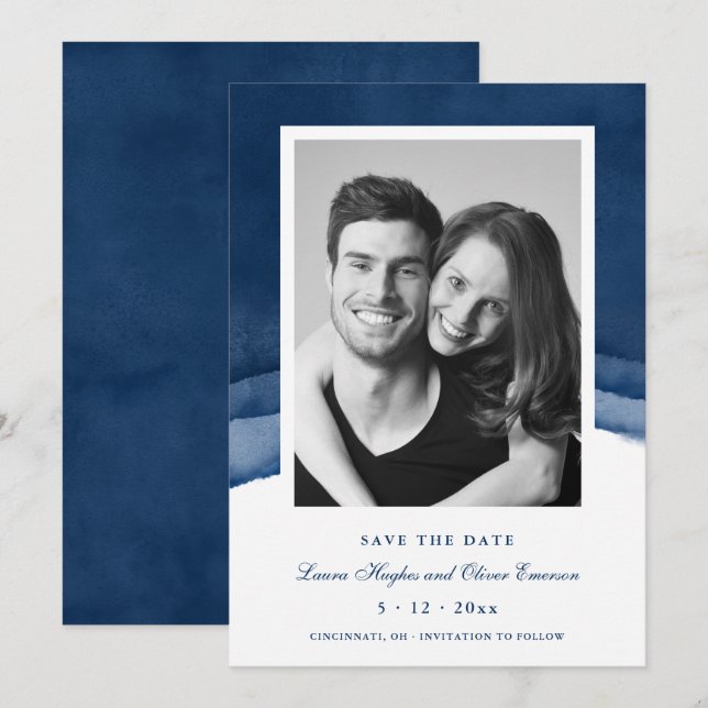 Indigo Blue Watercolor Wedding Save the Date Cards (Front/Back)