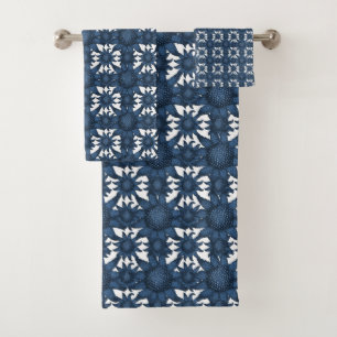 Indigo Blue & White Coastal Starfish Pattern Bath Towel Set
