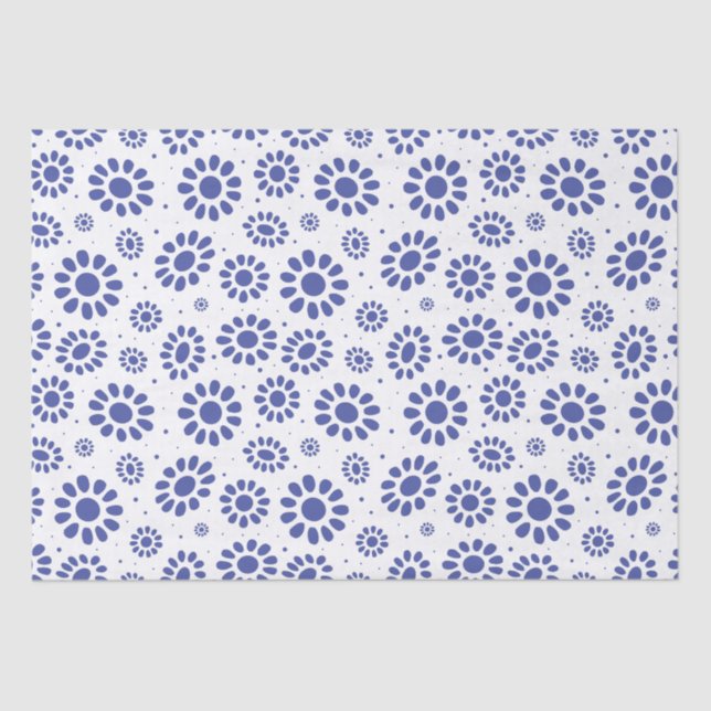 Indigo Blue White Daisy Flower Pattern Tissue Paper (Front)