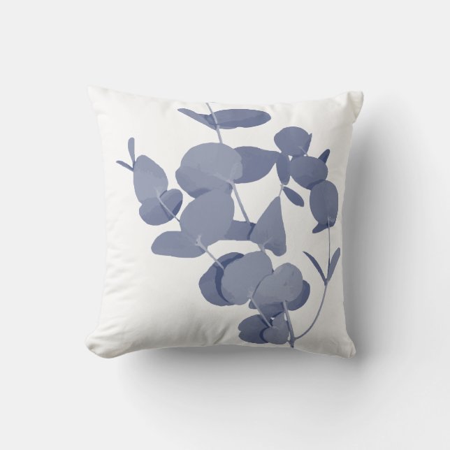 Indigo Blue White Eucalyptus Herb Botanical Print Cushion (Front)
