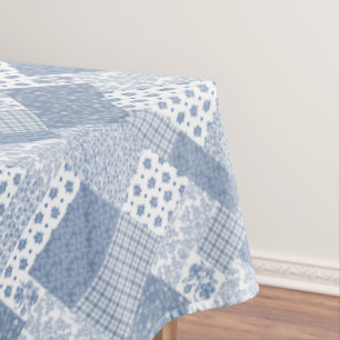 Indigo Blue, White Faux Patchwork Tablecloth
