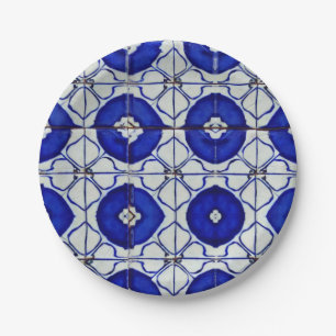 Indigo blue white geometric art moroccan mosaic paper plate