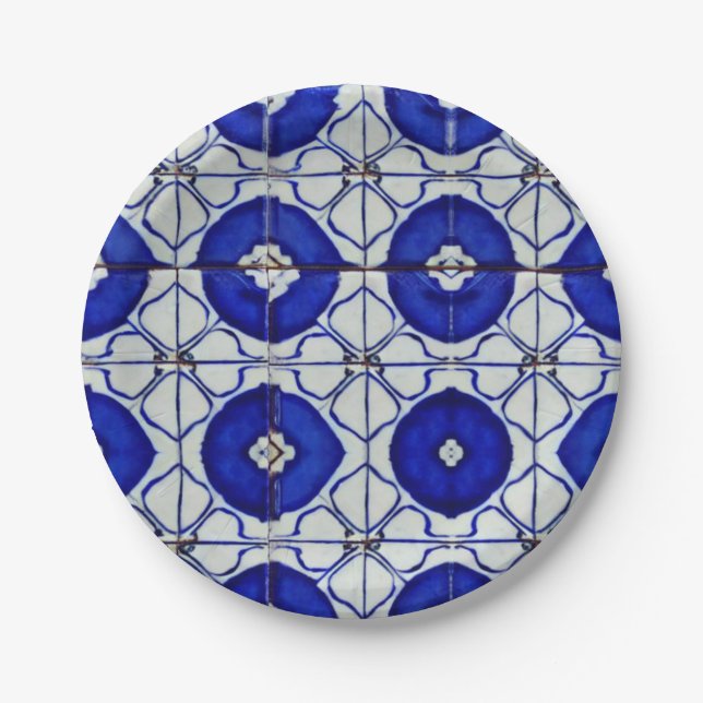 Indigo blue white geometric art moroccan mosaic  paper plate (Front)