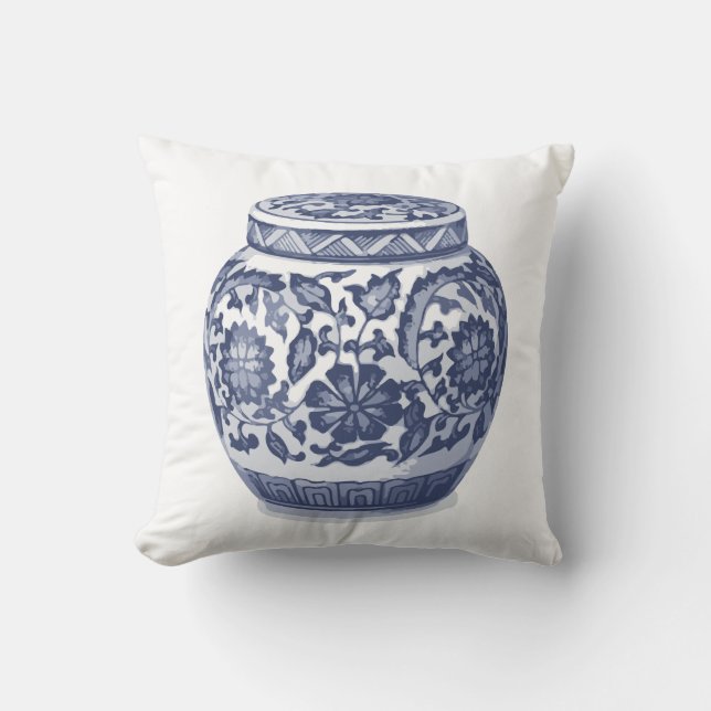 Indigo Blue White Hamptons Ginger Jar Vase Print Cushion (Front)