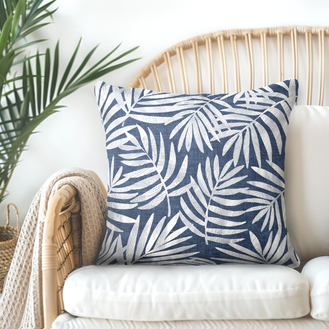Indigo Blue & White Palm Leaf Throw Pillow (Creator Uploaded)