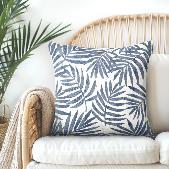 Indigo Blue & White Palm Leaves Throw Pillow (Creator Uploaded)