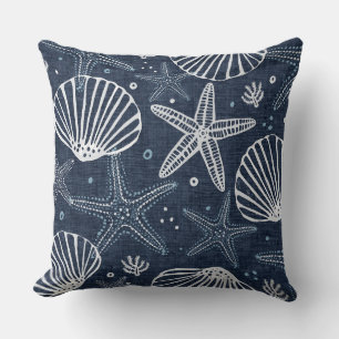Indigo Blue & White Starfish Throw Pillow