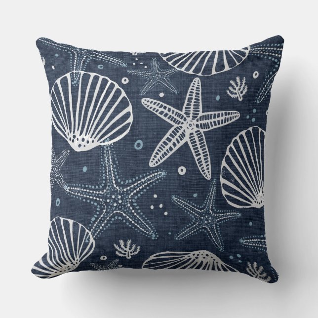 Indigo Blue & White Starfish Throw Pillow (Front)