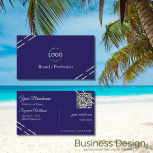 Indigo Blue with Silver Lines Logo and QR Code Business Card