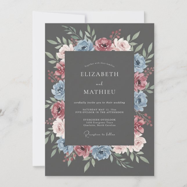 Indigo Blush Floral Romance Wedding Invitation (Front)