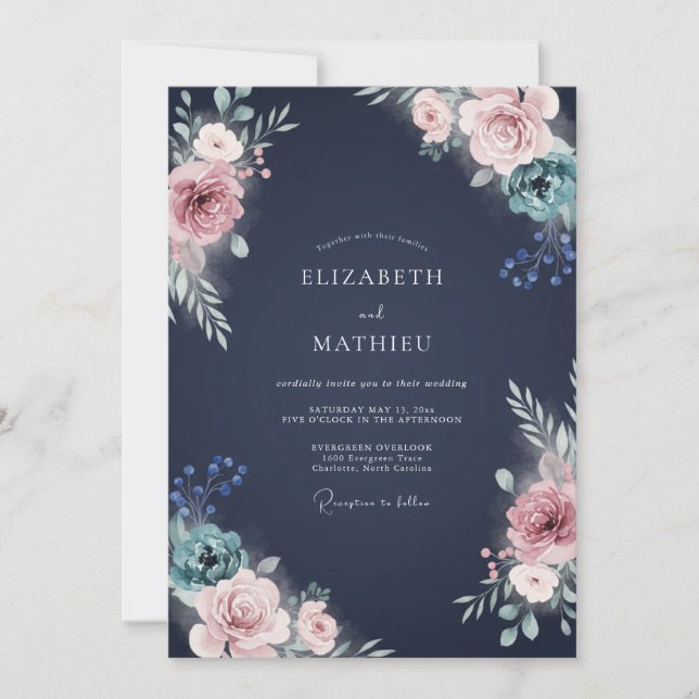 Indigo Blush Ranunculus Eucalyptus Wedding Invitation (Front)