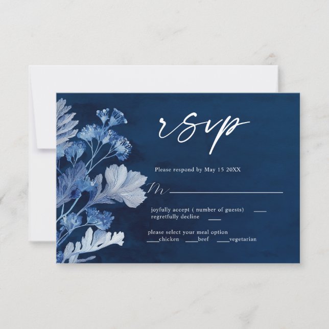 Indigo Botanical Blue Wedding RSVP Card (Front)