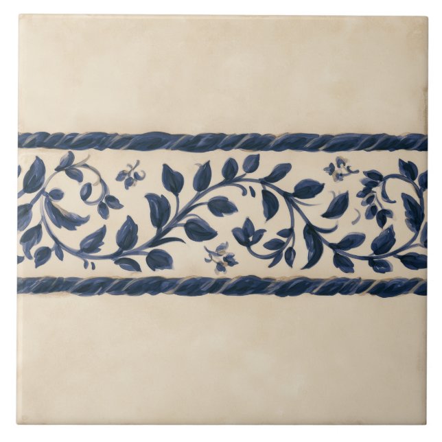 Indigo Botanical Cottage Border Ceramic Tile (Front)