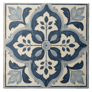 Indigo Botanical Quatrefoil Ornament Ceramic Tile