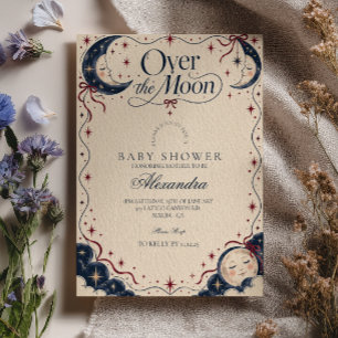Indigo Bow Over the Moon Baby Shower Invitation