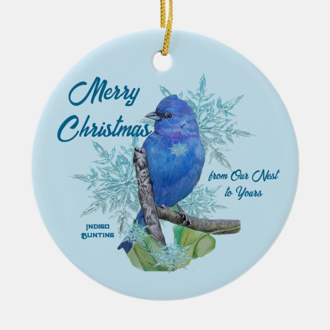 Indigo Bunting in the Snowflakes   Ceramic Ornament (Front)