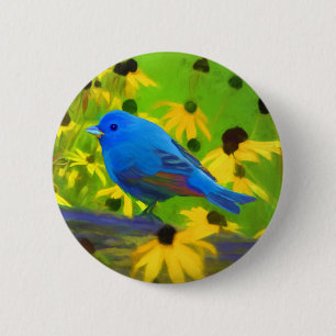 Indigo Bunting Painting - Original Bird Art 6 Cm Round Badge