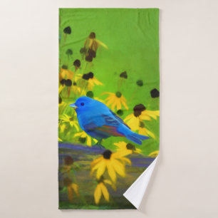 Indigo Bunting Painting - Original Bird Art Bath Towel Set
