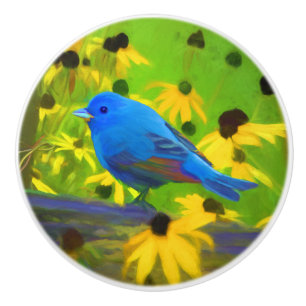 Indigo Bunting Painting - Original Bird Art Ceramic Knob
