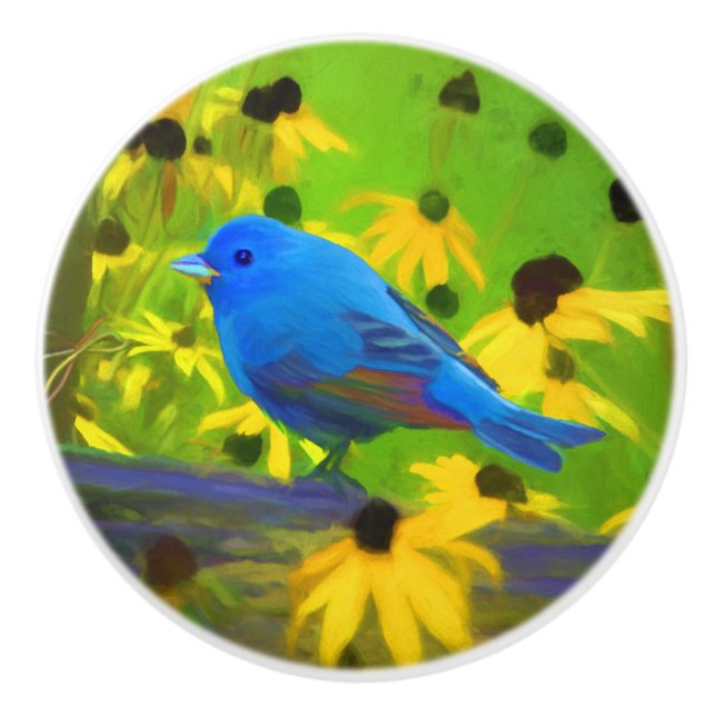 Indigo Bunting Painting - Original Bird Art Ceramic Knob (Front)
