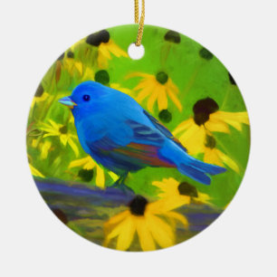 Indigo Bunting Painting - Original Bird Art Ceramic Ornament