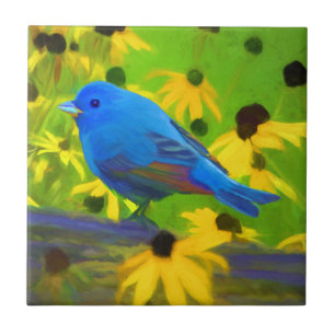 Indigo Bunting Painting - Original Bird Art Ceramic Tile