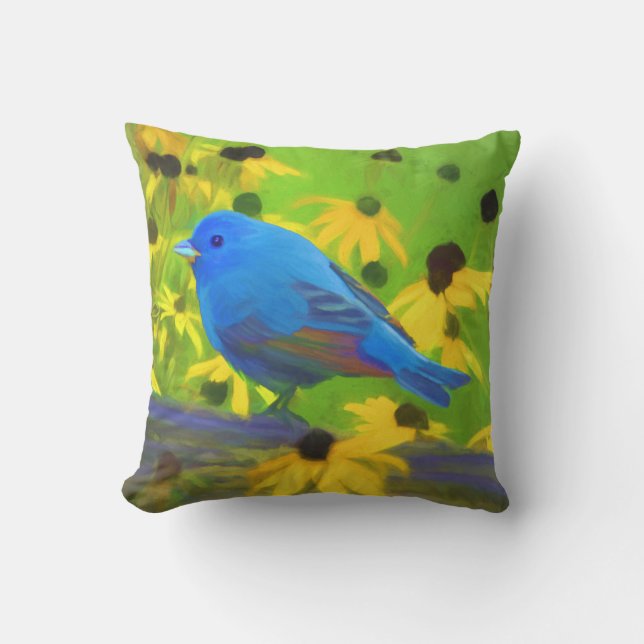 Indigo Bunting Painting - Original Bird Art Cushion (Front)