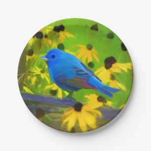 Indigo Bunting Painting - Original Bird Art Paper Plate