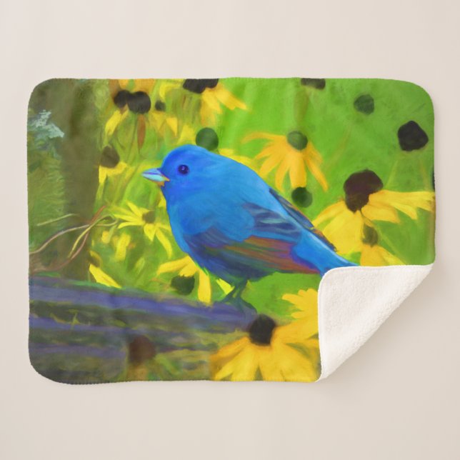 Indigo Bunting Painting - Original Bird Art Sherpa Blanket (Front (Horizontal))