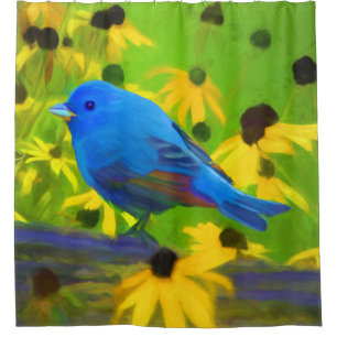 Indigo Bunting Painting - Original Bird Art Shower Curtain