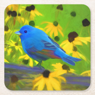 Indigo Bunting Painting - Original Bird Art Square Paper Coaster