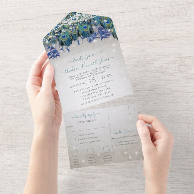 Indigo Bunting Peacock Fairy Lights Wedding All In One Invitation (Tearaway)