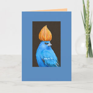 Indigo bunting with Chinese lantern hat card