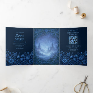 Indigo Carved Vine Fantasy Castle Wedding Tri-Fold Invitation