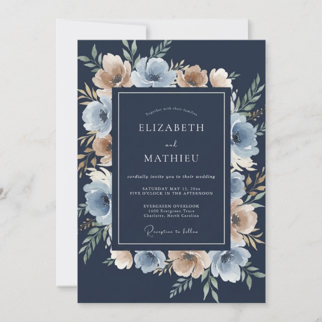 Indigo Champagne Petal Wedding Invitation (Front)