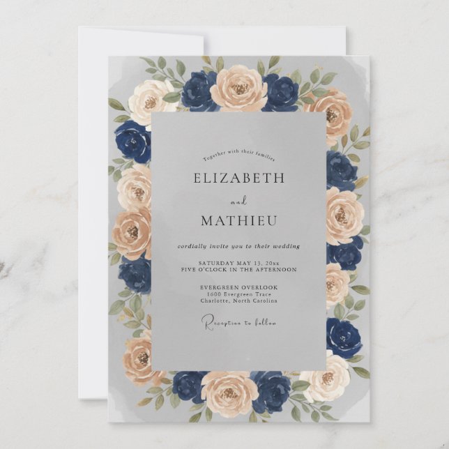 Indigo Champagne Rose Wedding Invitation (Front)