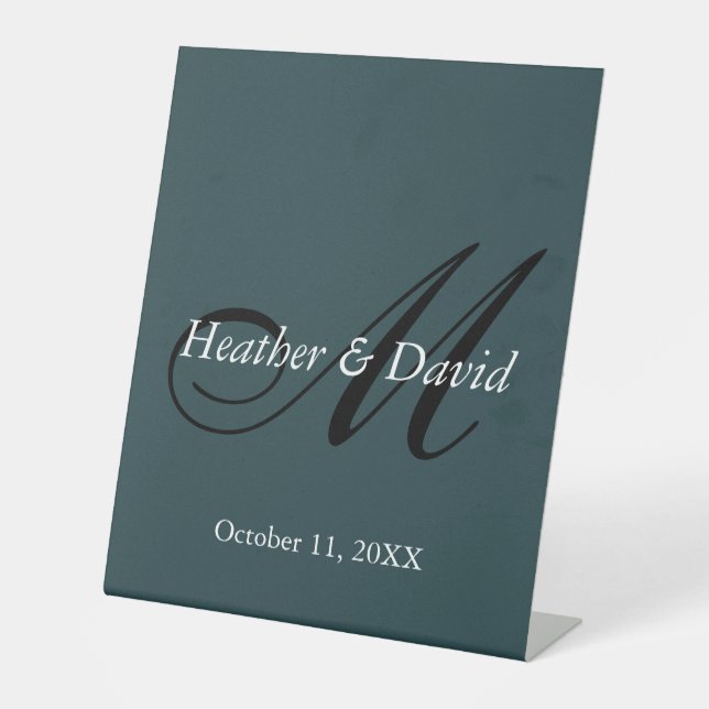 Indigo Colour Stylish Cute Monogram Wedding Pedestal Sign (Front)