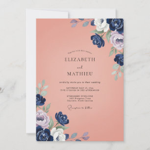 Indigo Coral Petals Wedding Invitation