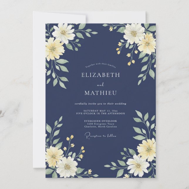 Indigo Cream Petal Wedding Invitation (Front)