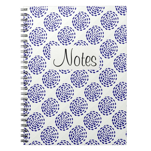 Indigo dark blue striped circle pattern on white notebook (Front)