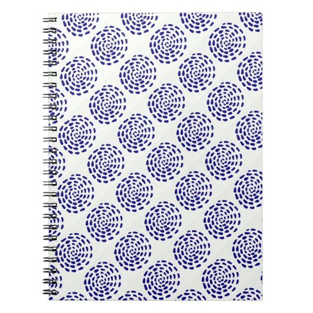 Indigo dark blue striped circle pattern on white notebook (Front)